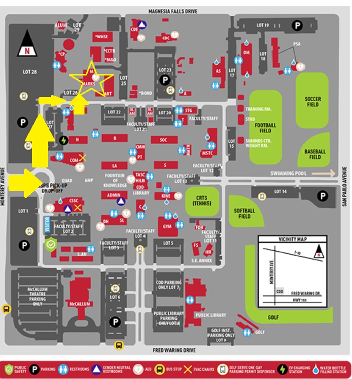 Campus map with arrows showing directions to gallery
