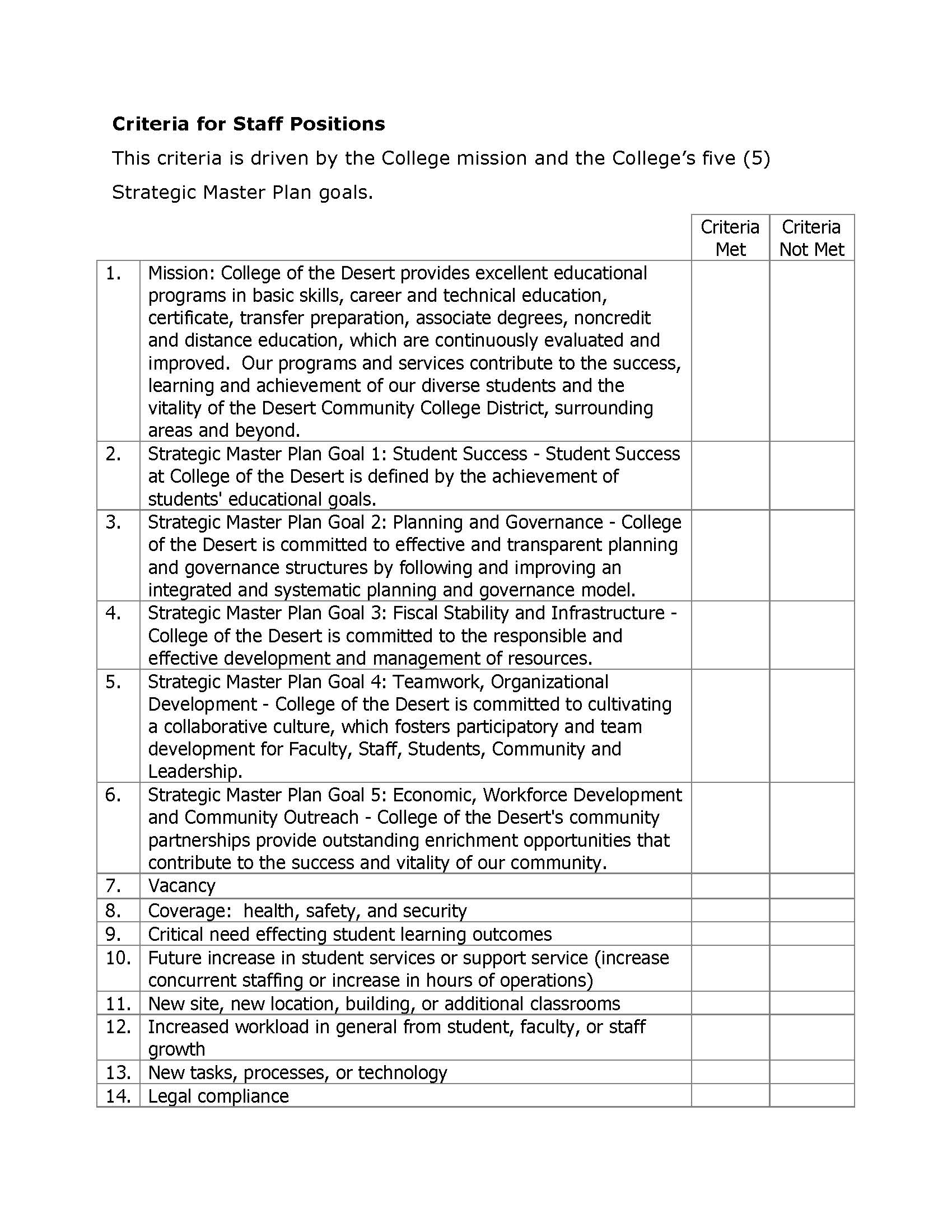 Criteria for Staff Positions