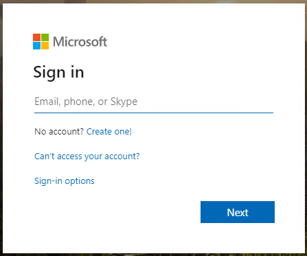 Microsoft Sign in form requesting your username