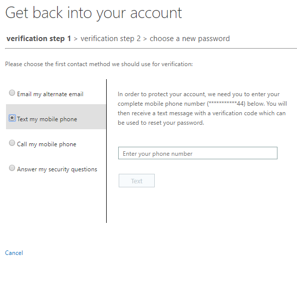MyCOD Microsoft 365 Text verification option requiring the verification of the mobile number and a button to text the verification code