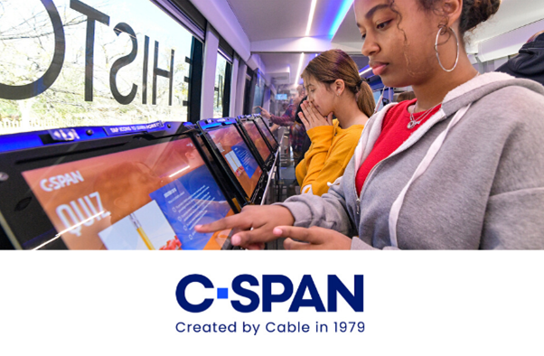 Students on C-SPAN Bus with C-SPAN LOGO