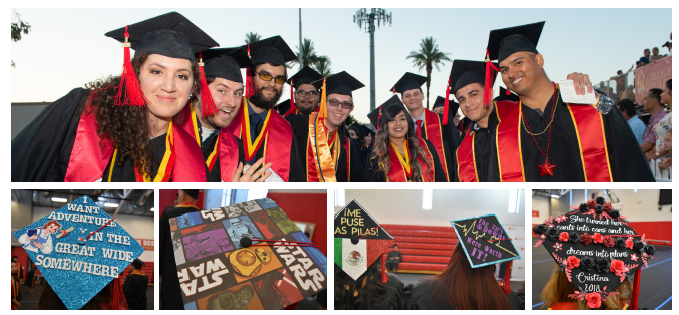 Photo collage of graduates and decorated caps