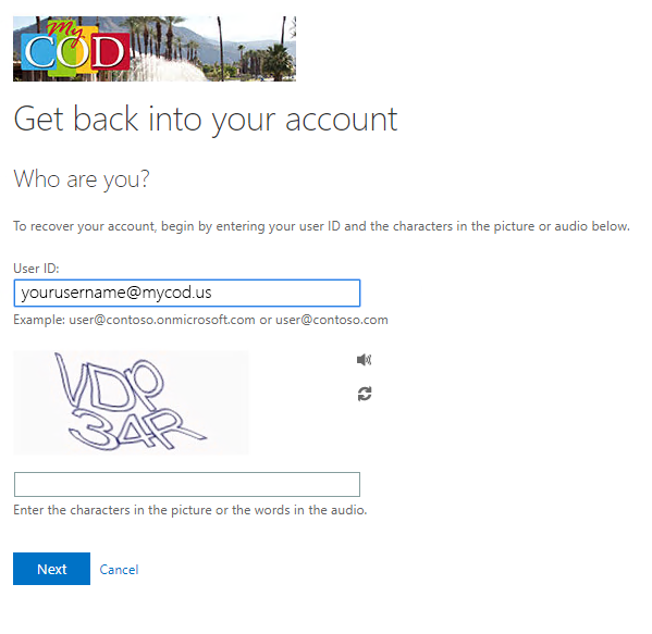 MyCOD Microsoft 365 account verification and Captcha code to begin password reset process.