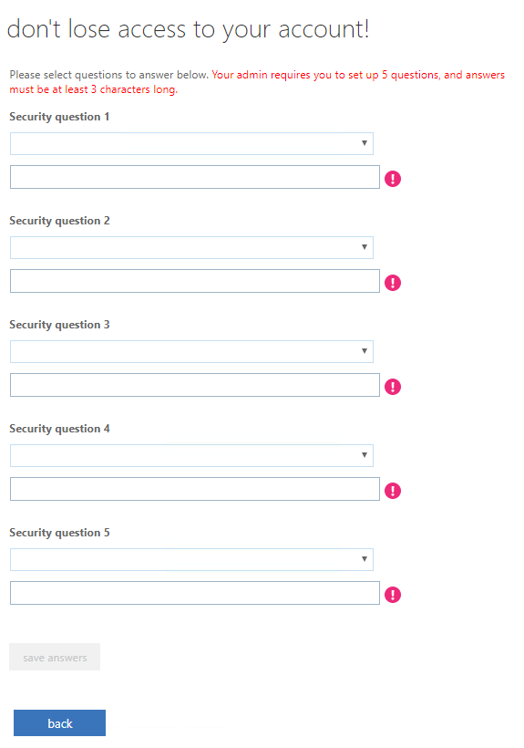 Security Question authentication configuration form with five question setup drop down fields and answer fields for user to create their security questions