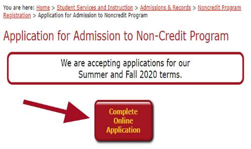 Noncredit Program Registration webpage titled Application for Admission to Noncredit Program. Large red arrow pointing towards Complete Online Application button.