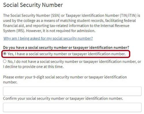 Tercera página de solicitud que solicita información del número de seguro social. Cuadro rojo resaltado alrededor de sí, tengo un número de seguro social o un número de identificación de contribuyente.