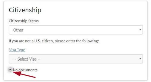 Citizenship section of application. Drop down menu for Citizenship Status and Visa Type. Red arrow pointing No documents checkbox.