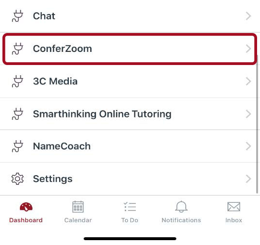 Canvas dashboard displaying six different options. Red box highlighted around Conferzoom link.