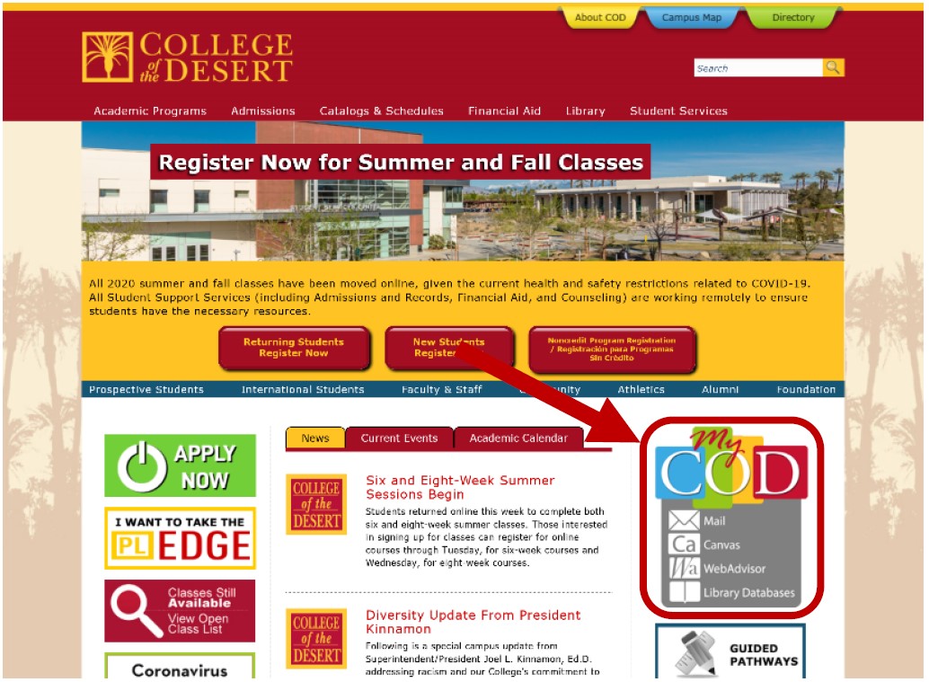Pantalla de la página web principal de College of the Desert. Flecha roja apuntando a el enlace del portal MyCOD en el lado derecho de la página.