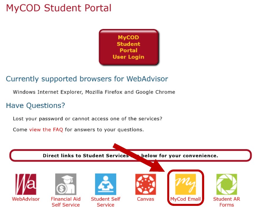 Página web del portal de estudiantes MyCOD. Seis enlaces directos que figuran en la parte inferior de la página. Flecha roja que apunta hacia el enlace de correo electrónico MyCOD.