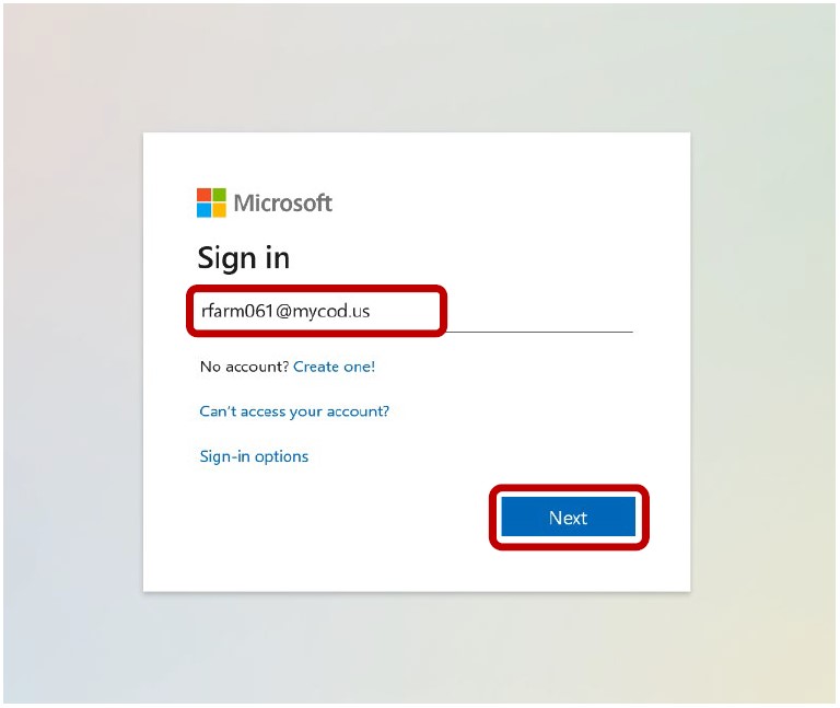 Página de inicio de sesión de Microsoft. Cuadro de entrada de texto de nombre de usuario. Flecha roja que apunta al botón Next.