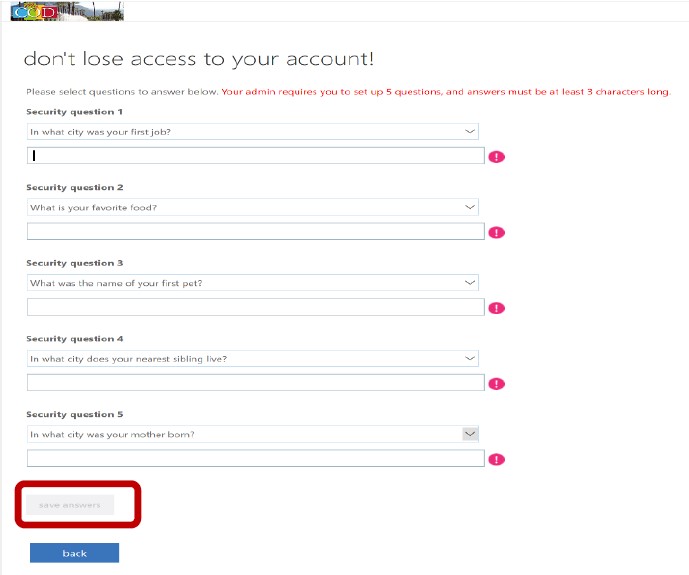 Security question set up page. Five different security questions listed. Textbox to submit answers beneath each question. Red box highlighting “Save Answers” button.