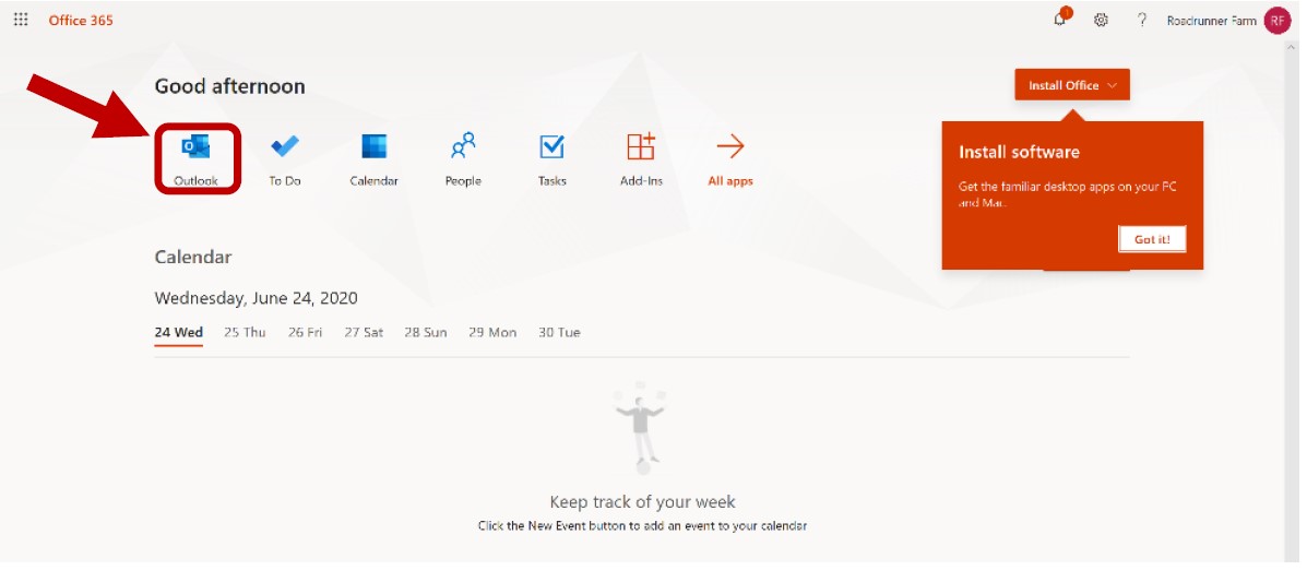 Página web de Office 365. Siete enlaces directos que figuran en la parte superior de la página. Flecha roja que apunta al enlace y el logotipo de Outlook.