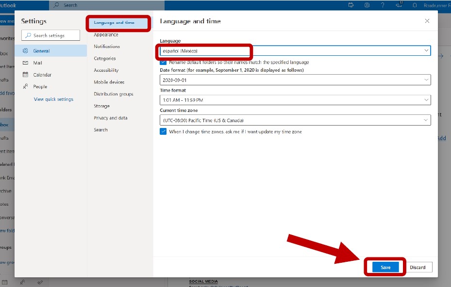 Settings menu page. Red box highlighted around Language and time option. Red box highlighted around Language drop down options. Red arrow pointing towards Save button.