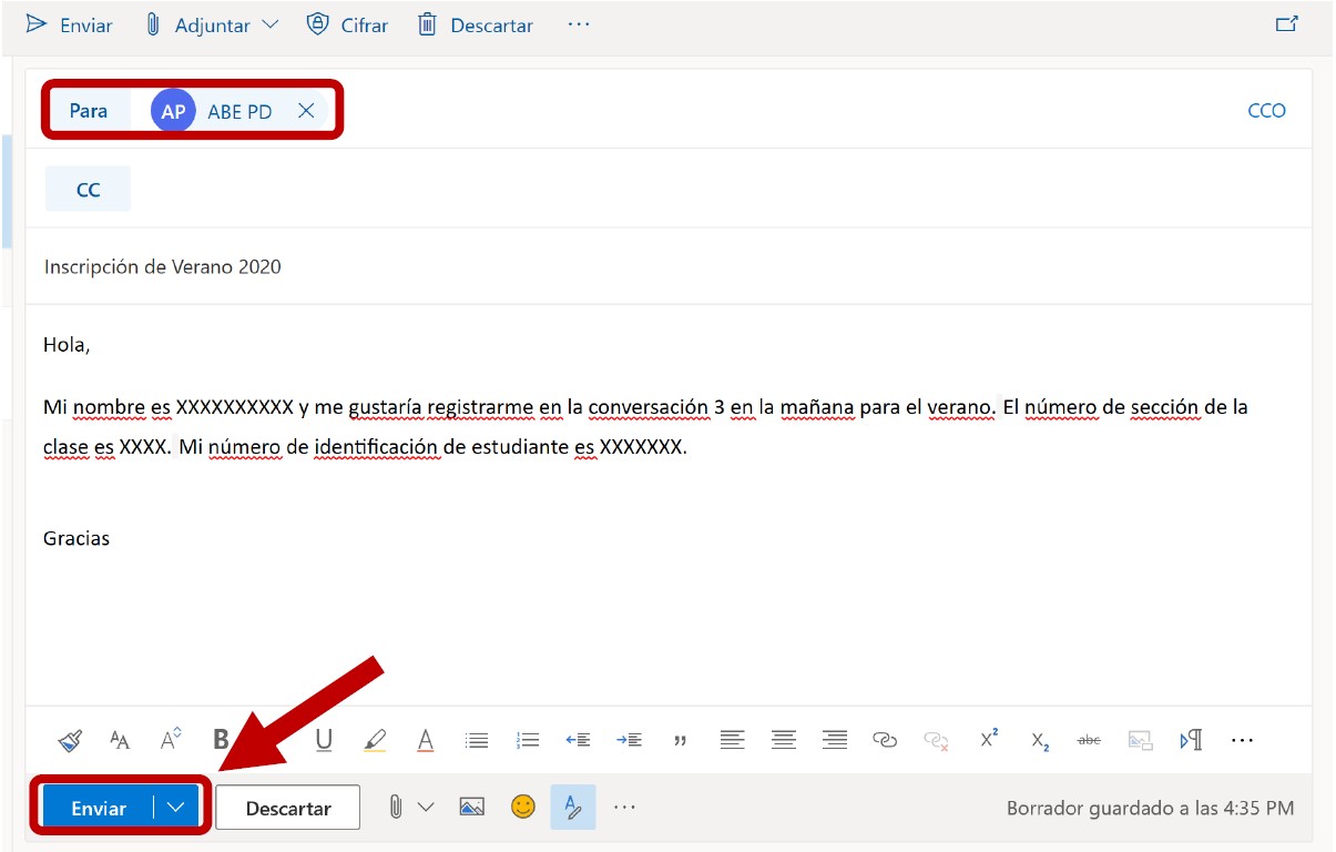 Cuadro rojo resaltado alrededor de la entrada de texto Para. Flecha roja que apunta hacia el botón Enviar.