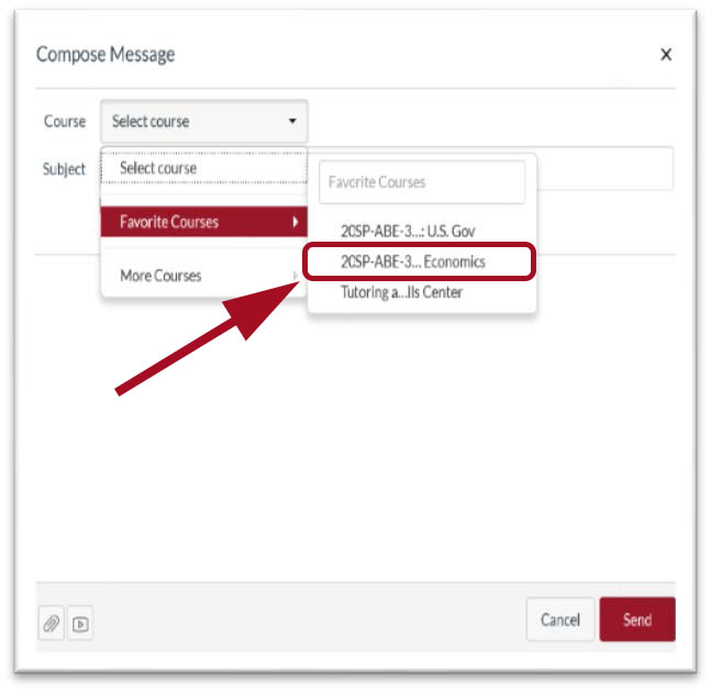 Compose Message screen with drop down menu for Course options. Red arrow pointing towards highlighted box for course options.