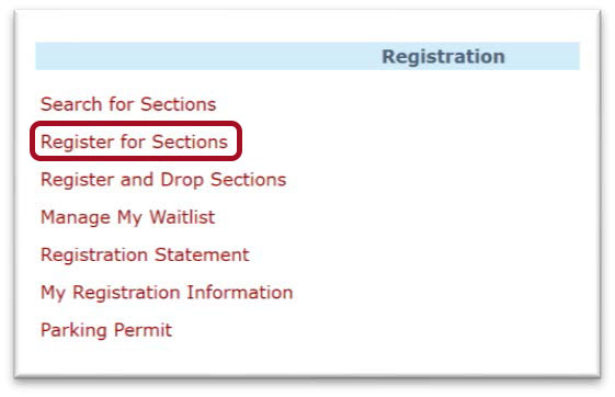 Sección del menú de registro con siete enlaces diferentes a continuación. Cuadro rojo resaltado alrededor del enlace Registrarse para secciones.