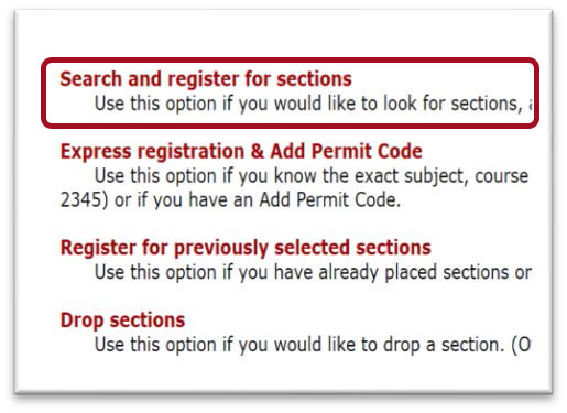 Cuatro enlaces diferentes de opciones de registro. Cuadro rojo resaltado alrededor de Buscar y registrarse para secciones.