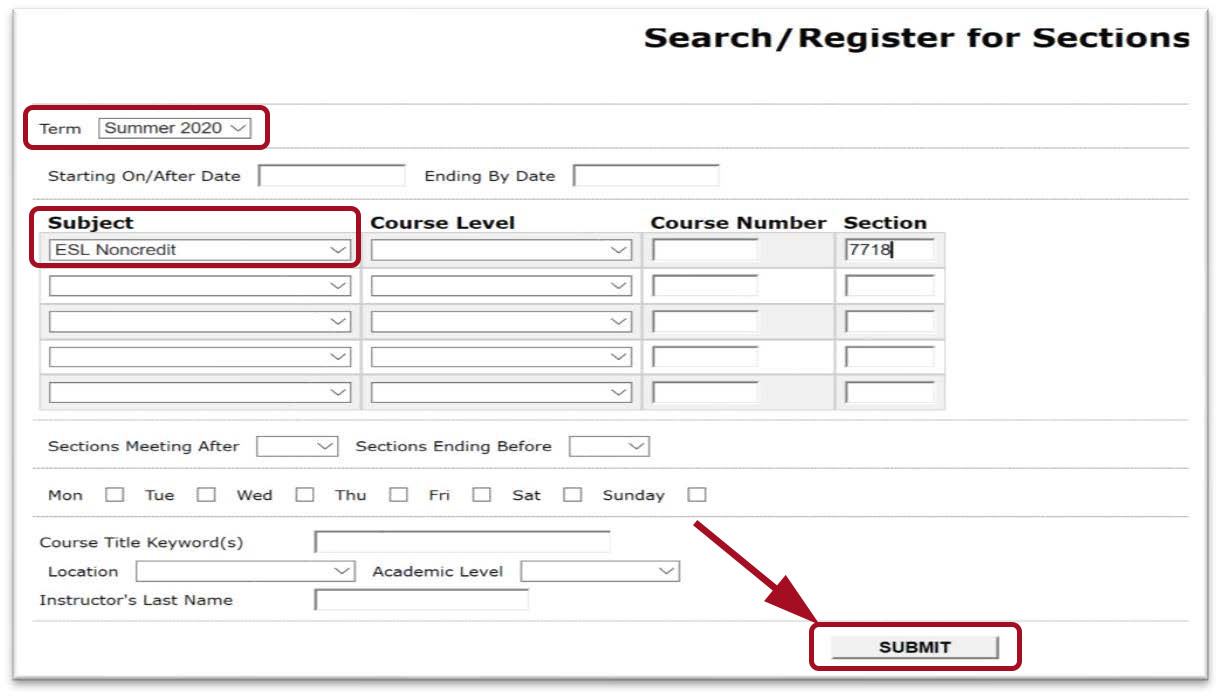 Página de Buscar / Registrarse para secciones. Cuadro rojo resaltado alrededor de los menús desplegables para el botón para indicar el semestre, tema y enviar.