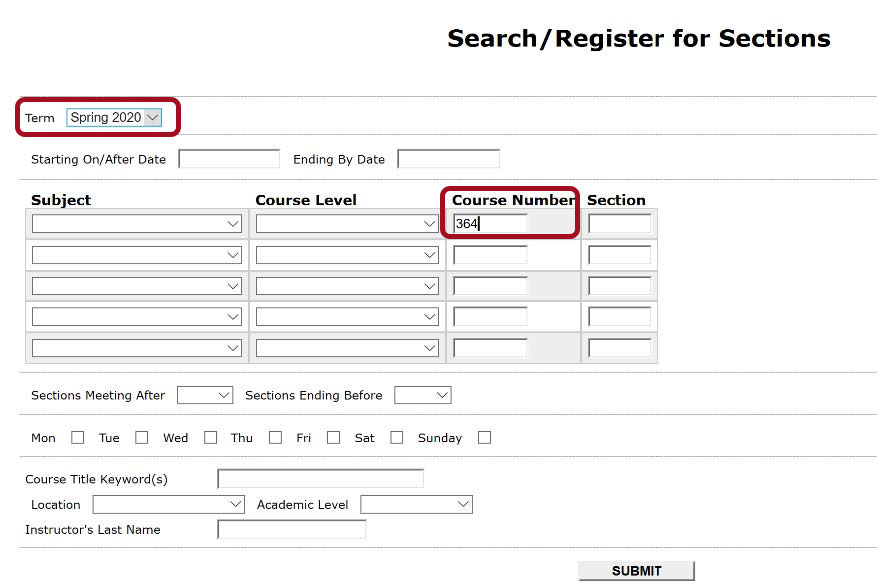Search/Register for Sections page. Red box highlighted around drop down menu for desired Term. Another red highlighted box around Course Number text entry with the number 364 entered.