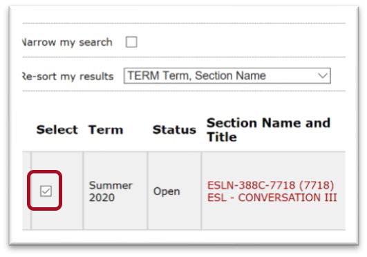 Redbox highlighted next to checkbox for desired section. Section information includes term, status, and section name and title.