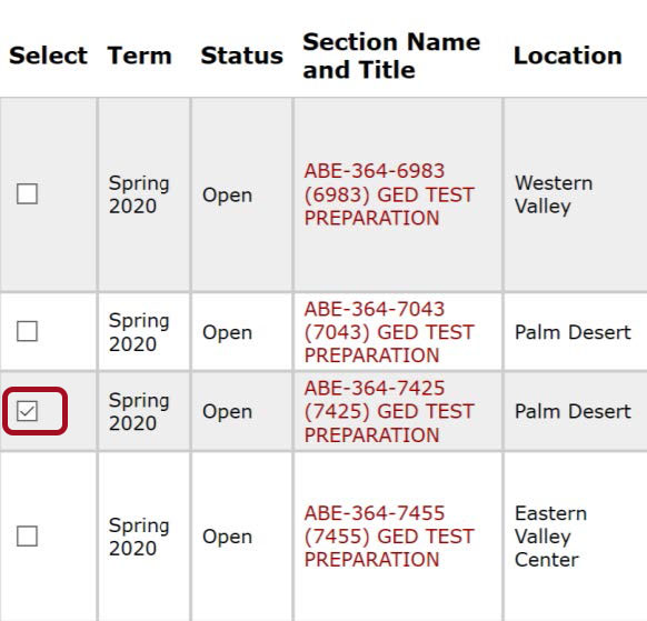 Redbox highlighted next to checkbox for desired section. Section information includes term, status, and section name and title.