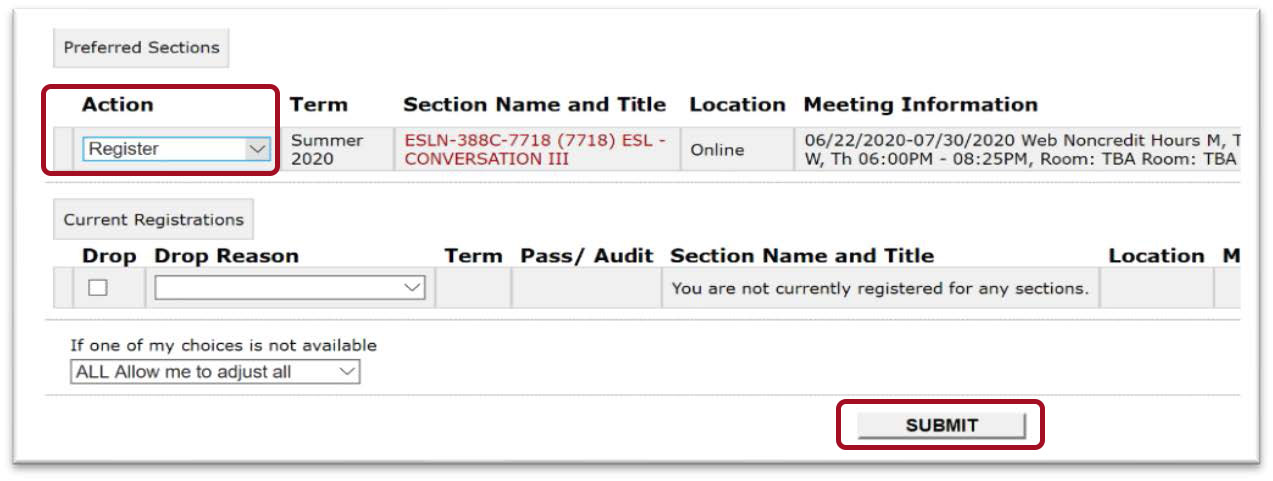 Red box highlighted around action drop down menu with Register option selected. Another red box highlighted around Submit button at bottom of page.