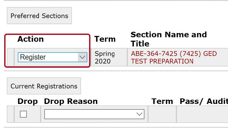 Red box highlighted around action drop down menu with Register option selected.