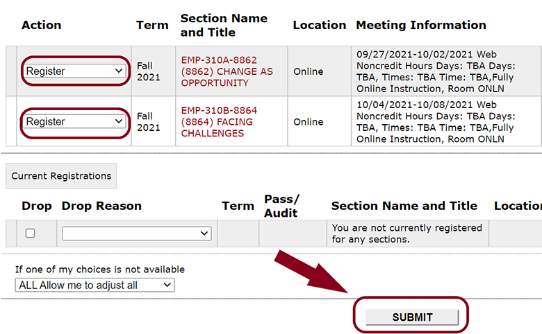 Registering for individually selected courses and submit button