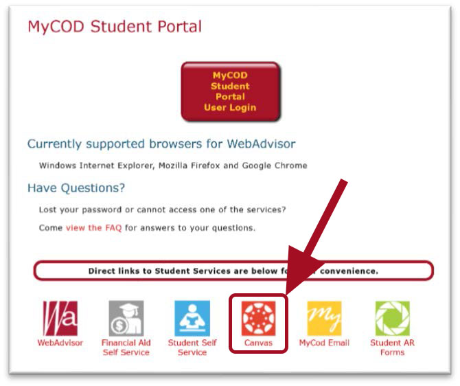 Página web del portal de estudiantes MyCOD. Seis enlaces directos en la parte inferior de la página. Flecha roja que apunta al enlace y el logotipo de Canvas.