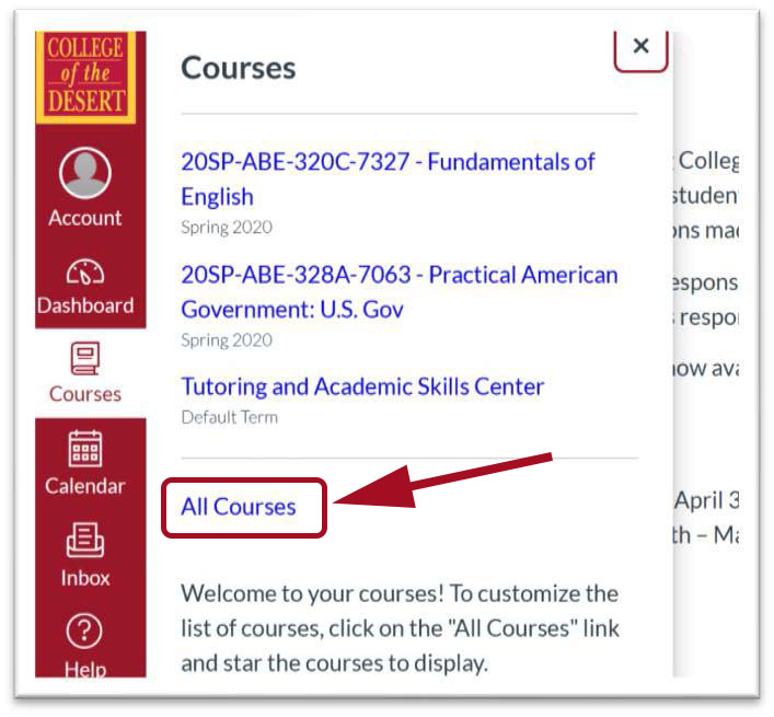 Canvas course menu with red arrow pointing towards highlighted box for All Courses link. 