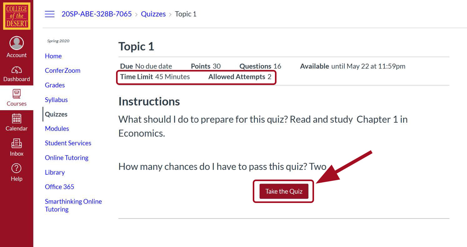 Red highlighted box around time limit and allowed attempts description. Red arrow pointing towards highlighted box for Take this Quiz link.