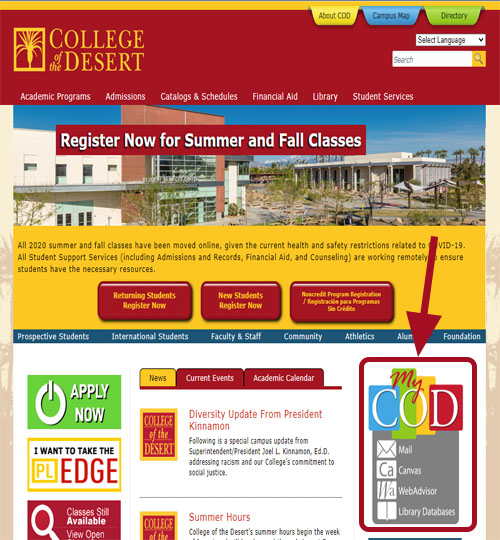 College of the Desert main webpage screen. Large red arrow pointing down towards MyCOD portal link on right hand side of page.