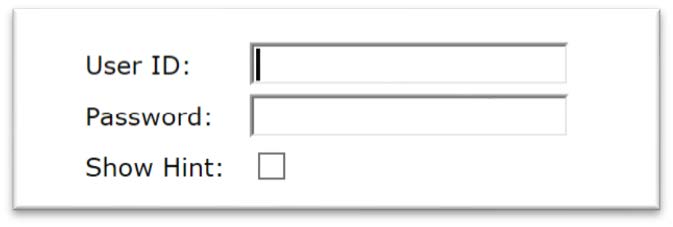 Cuadro de entrada de texto de ID para nombre de usuario y contraseña. Casilla de verificación debajo del cuadro de entrada de texto Contraseña que indica Mostrar sugerencia.