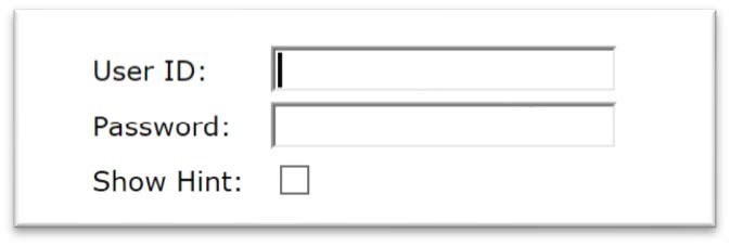 User ID and Password text entry box. Checkbox underneath Password text entry box that states Show Hint.