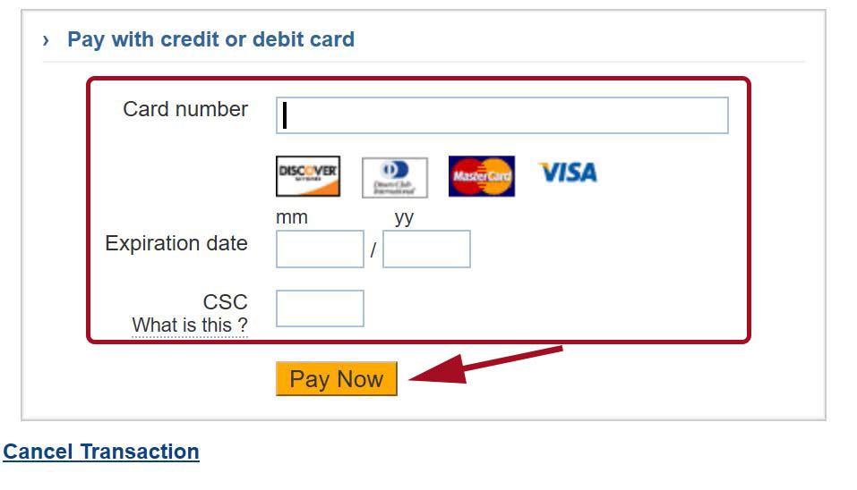 Red box highlighted around text entry boxes for card information, expiration date, and CSC. Logos for different credit cards displayed underneath card number text entry box. Red arrow pointing towards Pay Now button at bottom of page.