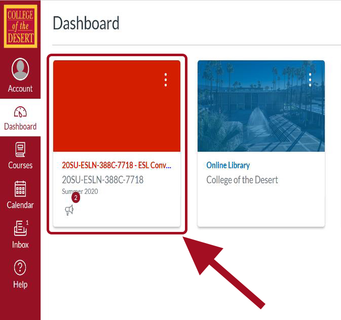 Canvas Dashboard with arrow pointing at course tile.