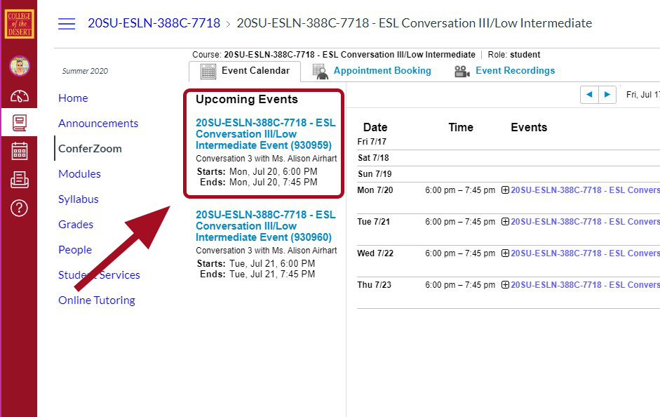 Calendario de eventos de Conferzoom que muestra el tiempo de reunión de clase programado. Cuadro rojo resaltado alrededor de una reunión de clase programada para el 20 de Julio.