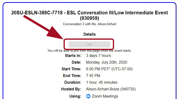 Conferzoom event details with red arrow pointing towards highlighted box around Join button.
