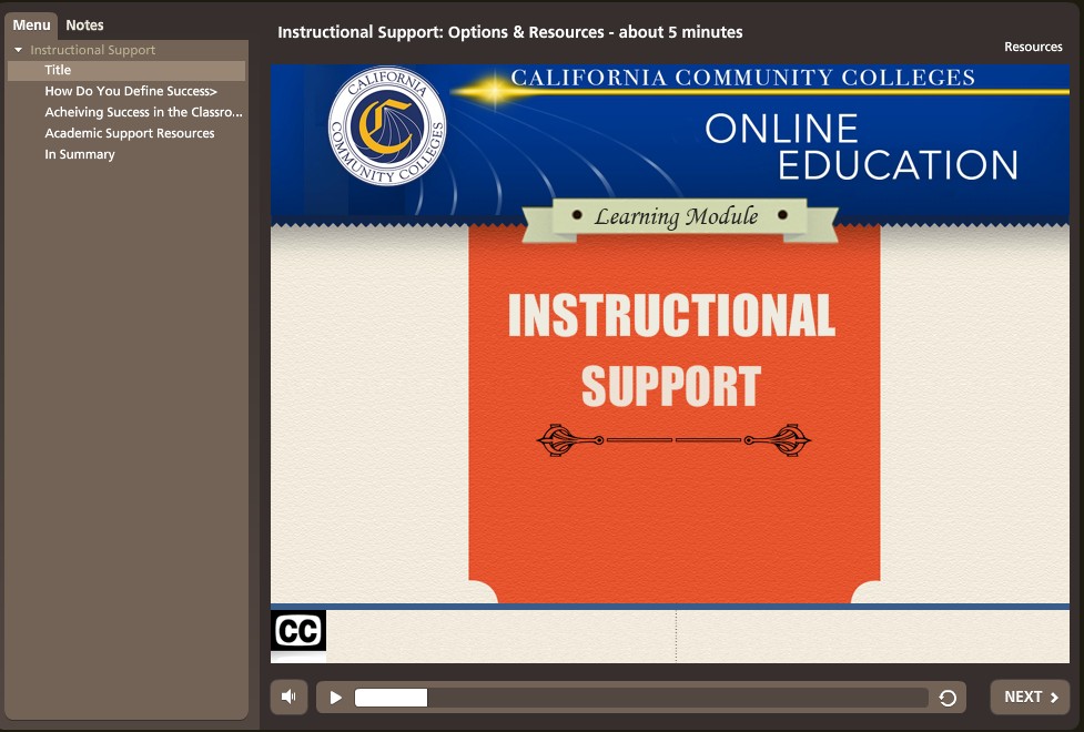 View of the Instructional Support Options and Resources Module