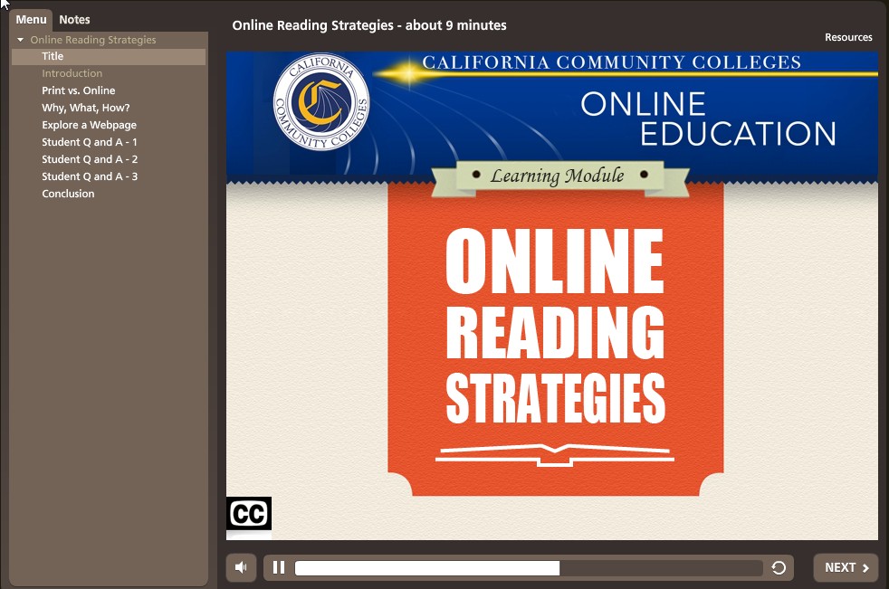 View of the Online Reading Strategies Module