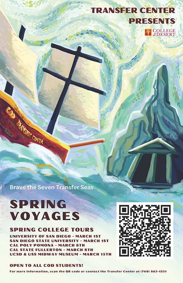 An illustration of a ship with the title "COD Transfer Center" painted on its side voyaging towards the lost city of Atlantis. Spring College Tour sign up