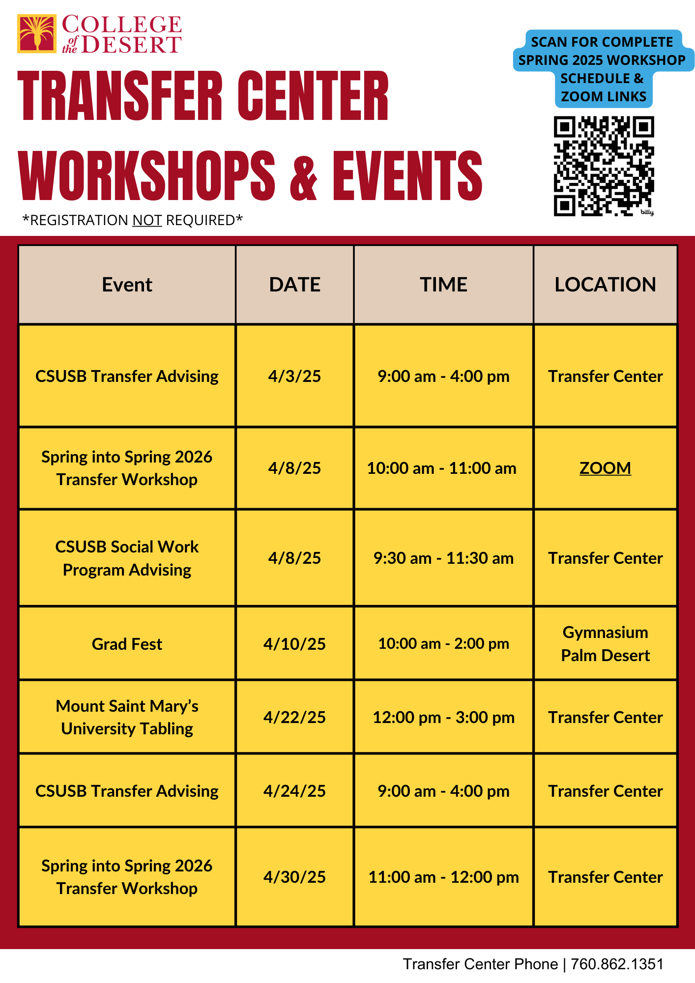 April 25 Transfer Center Workshops
